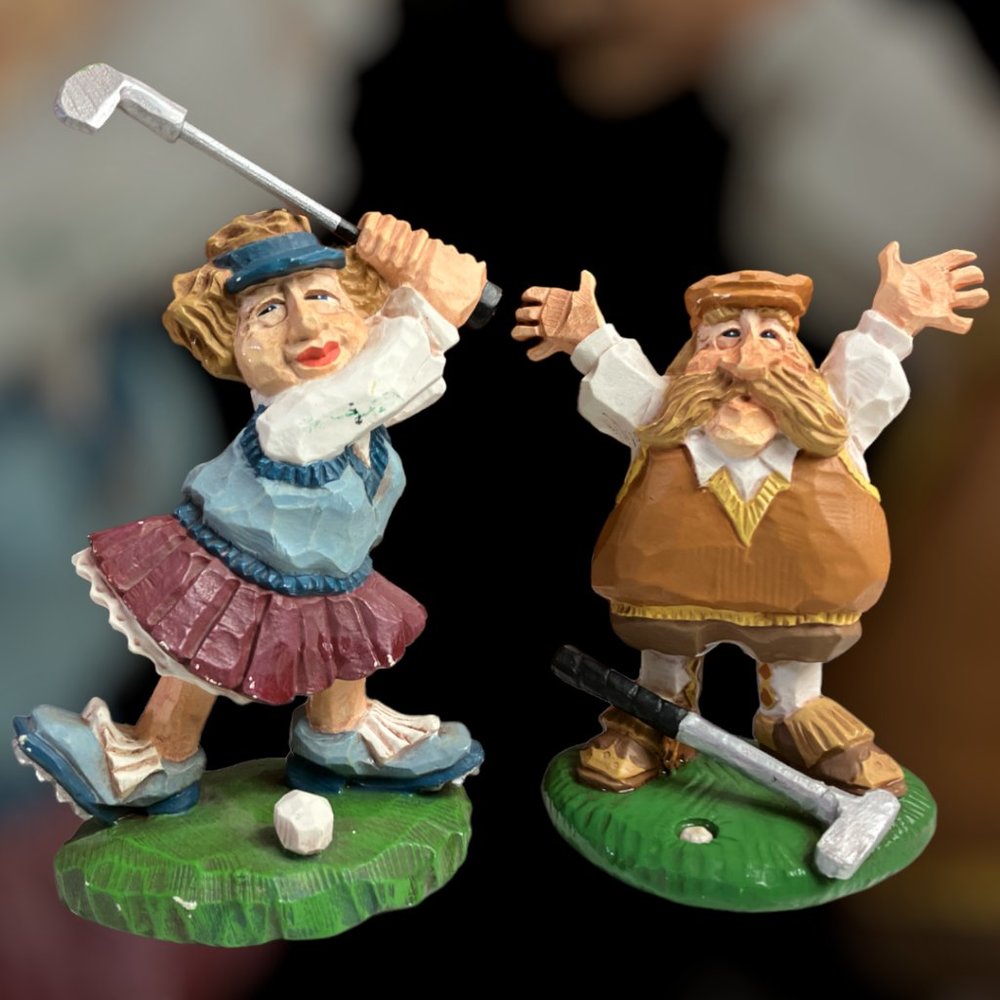 Vtg Set of 2 David Frykman Figurines The Golfers Funny Ol Lady & Ol Man Bookends